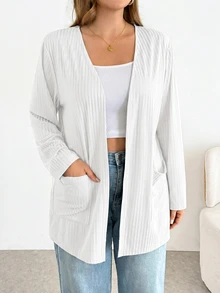 SHEIN Essnce Cardigan de manga larga para mujer talla grande, moda de otoño, casual elegante, holgado, cómodo y versátil, para oficina y rodeo, color blanco - Blanco - Ver 8