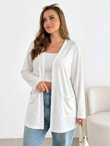 SHEIN Essnce Cardigan de manga larga para mujer talla grande, moda de otoño, casual elegante, holgado, cómodo y versátil, para oficina y rodeo, color blanco - Blanco - Ver 4