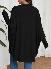SHEIN Frenchy 大码休闲宽松罗纹天鹅绒针织开衫 - 黑色 - 查看 3