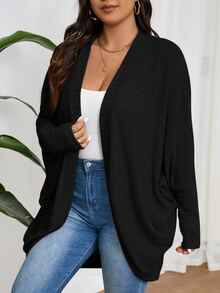 SHEIN Frenchy 大码休闲宽松罗纹天鹅绒针织开衫 - 黑色 - 查看 4