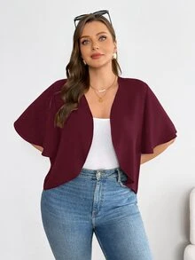 SHEIN Essnce 大尺碼女款春夏時尚休閒舒適日常百搭短袖黑色開襟外套，夏季外套，外出上衣，辦公穿搭，度假女裝 - 酒紅色 - 查看 3