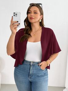 SHEIN Essnce 大尺碼女款春夏時尚休閒舒適日常百搭短袖黑色開襟外套，夏季外套，外出上衣，辦公穿搭，度假女裝 - 酒紅色 - 查看 4