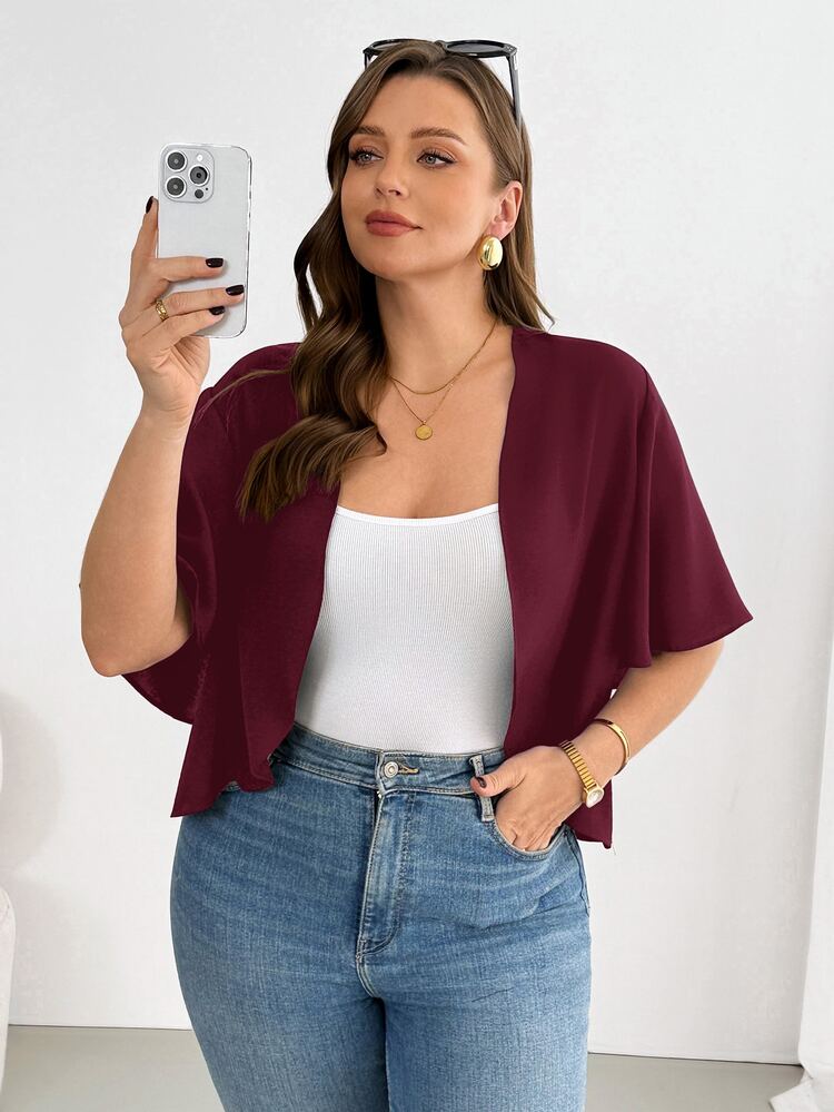 SHEIN Essnce Plus-Size Women's Spring/Summer Fashion Casual Comfortable Everyday Basic Versatile Short-Sleeved Black Cardigan,Summer Coats,Going Out Tops,Office Wear,Vacation Outfits Women - Burgundy - View 4