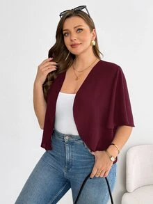 SHEIN Essnce 大尺碼女款春夏時尚休閒舒適日常百搭短袖黑色開襟外套，夏季外套，外出上衣，辦公穿搭，度假女裝 - 酒紅色 - 查看 6