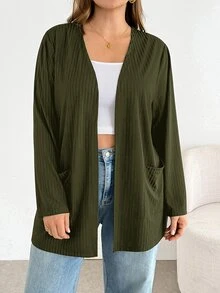 SHEIN Essnce Plus Size Women Solid Color Casual Versatile Daily Wear Long Sleeve Cardigan Fall - Army Green - View 5