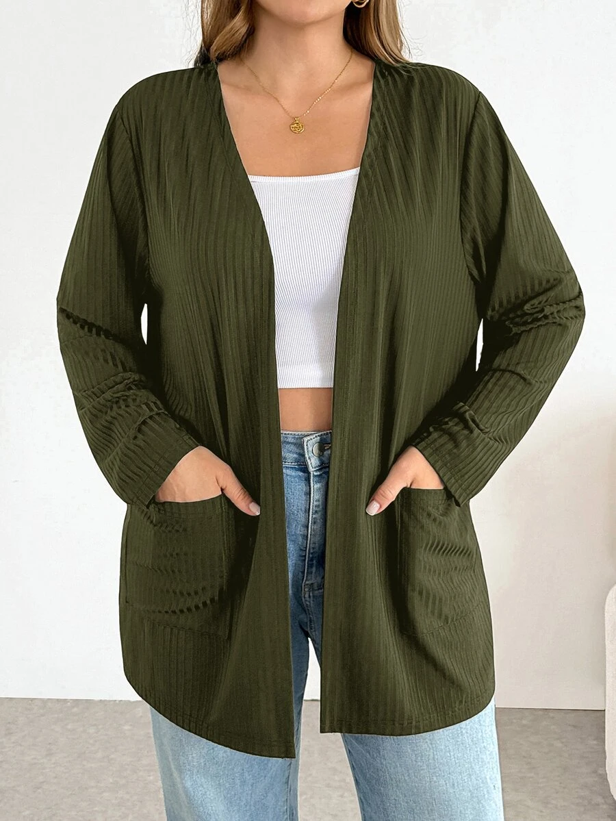 SHEIN Essnce Plus Size Women Solid Color Casual Versatile Daily Wear Long Sleeve Cardigan Fall