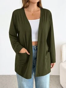 SHEIN Essnce Plus Size Women Solid Color Casual Versatile Daily Wear Long Sleeve Cardigan Fall - Army Green - View 8