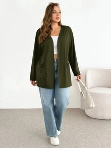 SHEIN Essnce Plus Size Women Solid Color Casual Versatile Daily Wear Long Sleeve Cardigan Fall - Army Green - View 6