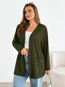 SHEIN Essnce Plus Size Women Solid Color Casual Versatile Daily Wear Long Sleeve Cardigan Fall - Army Green - View 4