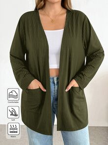 SHEIN Essnce Plus Size Women Solid Color Casual Versatile Daily Wear Long Sleeve Cardigan Fall - Army Green - View 7