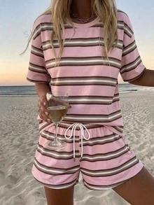 SHEIN LUNE 女款圓領落肩上衣與抽繩短褲休閒兩件套 夏季日常旅行 灰粉色 - 彩色 - 查看 2