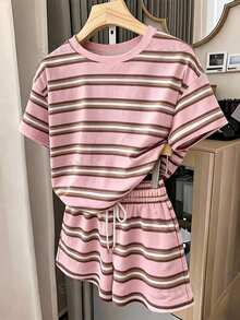 SHEIN LUNE 女款圓領落肩上衣與抽繩短褲休閒兩件套 夏季日常旅行 灰粉色 - 彩色 - 查看 6