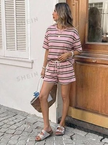 SHEIN LUNE 女款圓領落肩上衣與抽繩短褲休閒兩件套 夏季日常旅行 灰粉色 - 彩色 - 查看 5