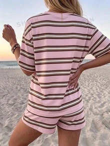SHEIN LUNE 女款圓領落肩上衣與抽繩短褲休閒兩件套 夏季日常旅行 灰粉色 - 彩色 - 查看 3