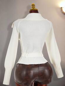 Amplova Women's Raglan Long Sleeve Notch Lapel Waist-Cinching Knit Cardigan - White - View 2
