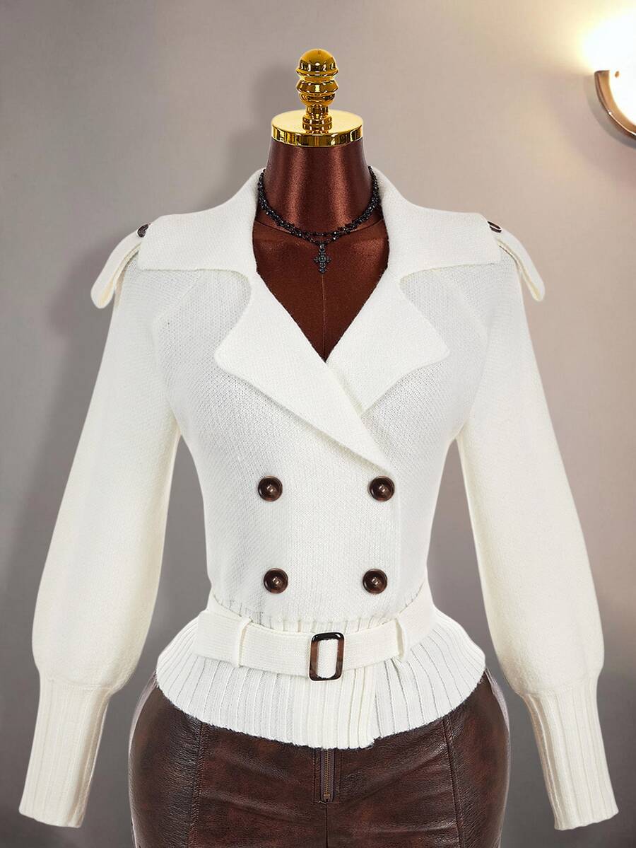 Amplova Women's Raglan Long Sleeve Notch Lapel Waist-Cinching Knit Cardigan - White - View 1