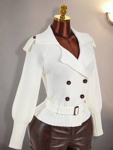Amplova Women's Raglan Long Sleeve Notch Lapel Waist-Cinching Knit Cardigan - White - View 9