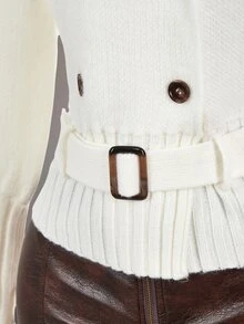 Amplova Women's Raglan Long Sleeve Notch Lapel Waist-Cinching Knit Cardigan - White - View 5