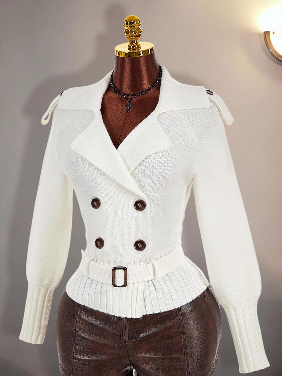 Amplova Women's Raglan Long Sleeve Notch Lapel Waist-Cinching Knit Cardigan - White - View 1