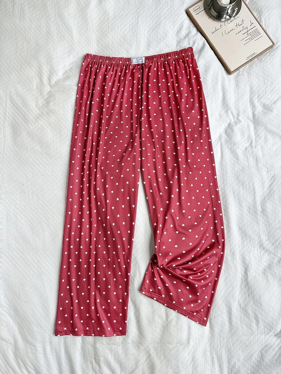 Napfluff CURVE Napfluff CURVE Plus Size Casual Denim Label Heart Print Pajama Pants - Burgundy - View 1