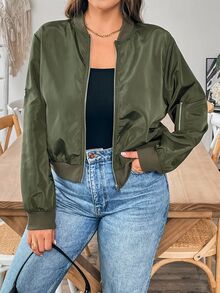 SHEIN Essnce 大尺碼女款新時尚商務休閒夾克長袖外套休閒通勤綠色飛行夾克春季秋冬 - 軍綠色 - 查看 7
