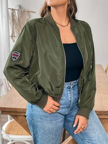 SHEIN Essnce 大尺碼女款新時尚商務休閒夾克長袖外套休閒通勤綠色飛行夾克春季秋冬 - 軍綠色 - 查看 4