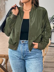 SHEIN Essnce 大尺碼女款新時尚商務休閒夾克長袖外套休閒通勤綠色飛行夾克春季秋冬 - 軍綠色 - 查看 5