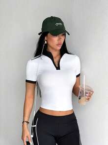 With My Calm With My Calm Women's Minimalist Versatile Striped Colorblock Short Sleeve Equestrian Top - Black and White - View 7
