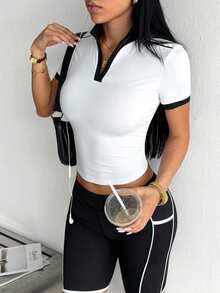 With My Calm With My Calm Women's Minimalist Versatile Striped Colorblock Short Sleeve Equestrian Top - Black and White - View 6