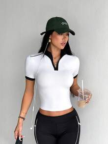 With My Calm With My Calm Women's Minimalist Versatile Striped Colorblock Short Sleeve Equestrian Top - Black and White - View 3