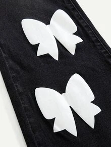 SHEIN 青少年女孩 Y2K 龐克復古刺繡翅膀與水鑽裝飾彈性喇叭牛仔褲 - 黑色 - 查看 3