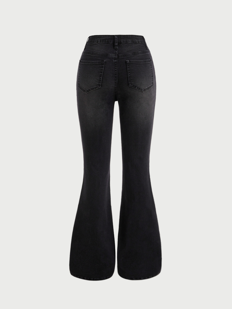 SHEIN Girlism Teen Girls Y2K Punk Retro Vintage Embroidered Wings & Rhinestone Decorated Stretchy Flared Jeans - Black - View 2