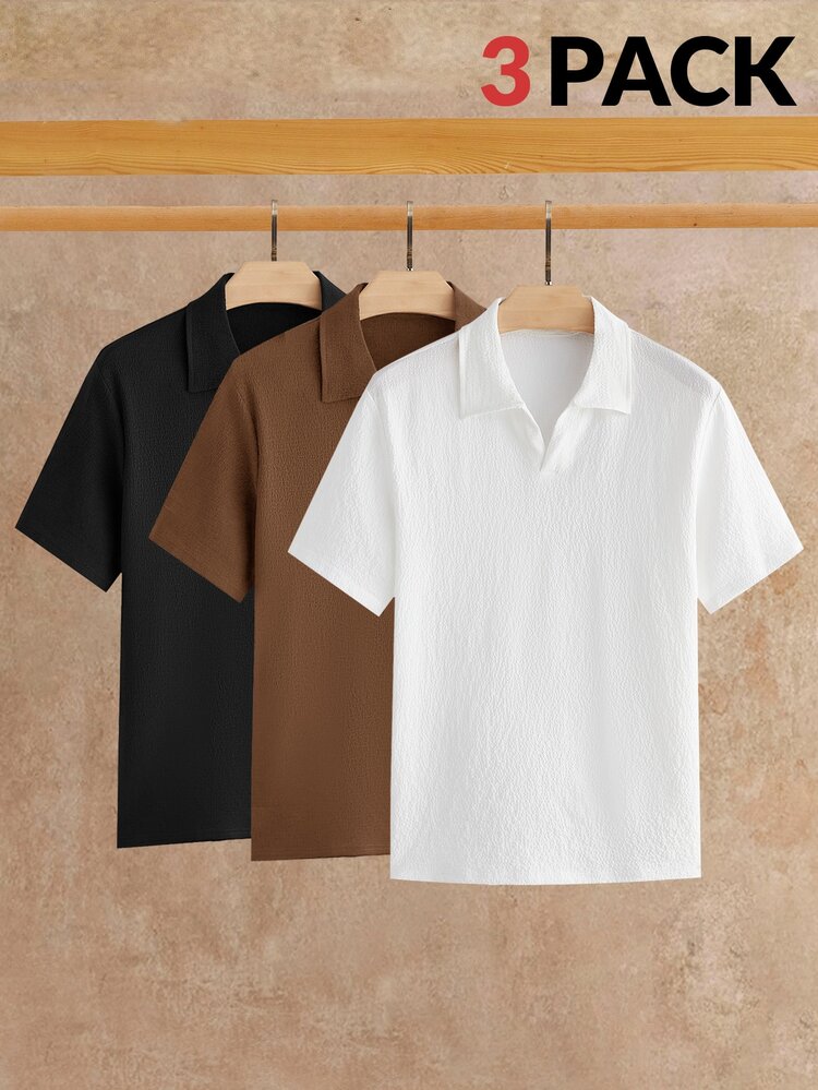 HIMLAND Men's Polo Shirts ,3 Pack Short Sleeve ,Johnny Collar Polo ,Textured Polo Shirt ,Crinkle Summer Top ,Old Money Aesthetic ,Solid Color V-Neck T-Shirt - Multicolor - View 1