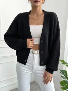 SHEIN كارديجان نسائي بلون موحد محبوك بأضلاع مع أزرار وياقة على شكل حرف V وأكمام طويلة كاجوال أساسي للمكتب والاستخدام اليومي والأعمال والمدرسة باللون الأسود للخريف - الأسود - مشاهدة 4