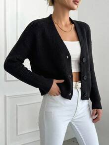 SHEIN كارديجان نسائي بلون موحد محبوك بأضلاع مع أزرار وياقة على شكل حرف V وأكمام طويلة كاجوال أساسي للمكتب والاستخدام اليومي والأعمال والمدرسة باللون الأسود للخريف - الأسود - مشاهدة 3