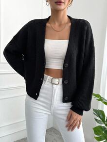 SHEIN كارديجان نسائي بلون موحد محبوك بأضلاع مع أزرار وياقة على شكل حرف V وأكمام طويلة كاجوال أساسي للمكتب والاستخدام اليومي والأعمال والمدرسة باللون الأسود للخريف - الأسود - مشاهدة 1
