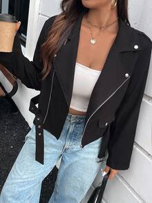 SHEIN Essnce Áo khoác moto da lộn giả size lớn, ấm áp cho mùa thu đông, phong cách Rodeo - màu đen - Xem 8