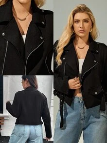 SHEIN Essnce Áo khoác moto da lộn giả size lớn, ấm áp cho mùa thu đông, phong cách Rodeo - màu đen - Xem 6