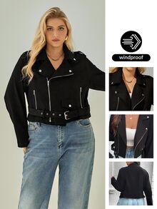 SHEIN Essnce Áo khoác moto da lộn giả size lớn, ấm áp cho mùa thu đông, phong cách Rodeo - màu đen - Xem 9