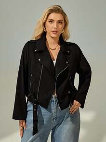 SHEIN Essnce Áo khoác moto da lộn giả size lớn, ấm áp cho mùa thu đông, phong cách Rodeo - màu đen - Xem 3