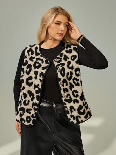 SHEIN Essnce Winterkleidung in Große Größen für Frauen Business Lässig Frau Leopardenmuster einfachbrüstiger Sherpa Weste Jacke, Herbst/Winter Jacke Pelzmantel Frauen Trägerhemd Frauen Jacke