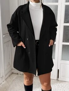 SHEIN Essnce 大码女装秋冬新款时尚休闲通勤优雅商务休闲纯色杏色羊毛材质冬装外套，女式冬季外套，秋季女式夹克，冬季女式外套，衬衫式外套，翻领外套，口袋外套 - 黑色 - 查看 7
