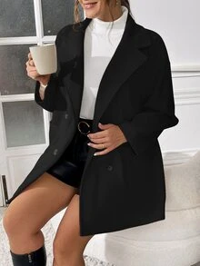 SHEIN Essnce 大码女装秋冬新款时尚休闲通勤优雅商务休闲纯色杏色羊毛材质冬装外套，女式冬季外套，秋季女式夹克，冬季女式外套，衬衫式外套，翻领外套，口袋外套 - 黑色 - 查看 5
