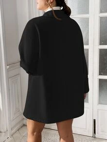 SHEIN Essnce 大码女装秋冬新款时尚休闲通勤优雅商务休闲纯色杏色羊毛材质冬装外套，女式冬季外套，秋季女式夹克，冬季女式外套，衬衫式外套，翻领外套，口袋外套 - 黑色 - 查看 3