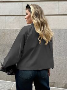 Auralis 大码女装秋冬时尚休闲宽松舒适日常百搭经典卡其色短款风衣外套，秋季简约风，冬季外套 - 深灰色 - 查看 3