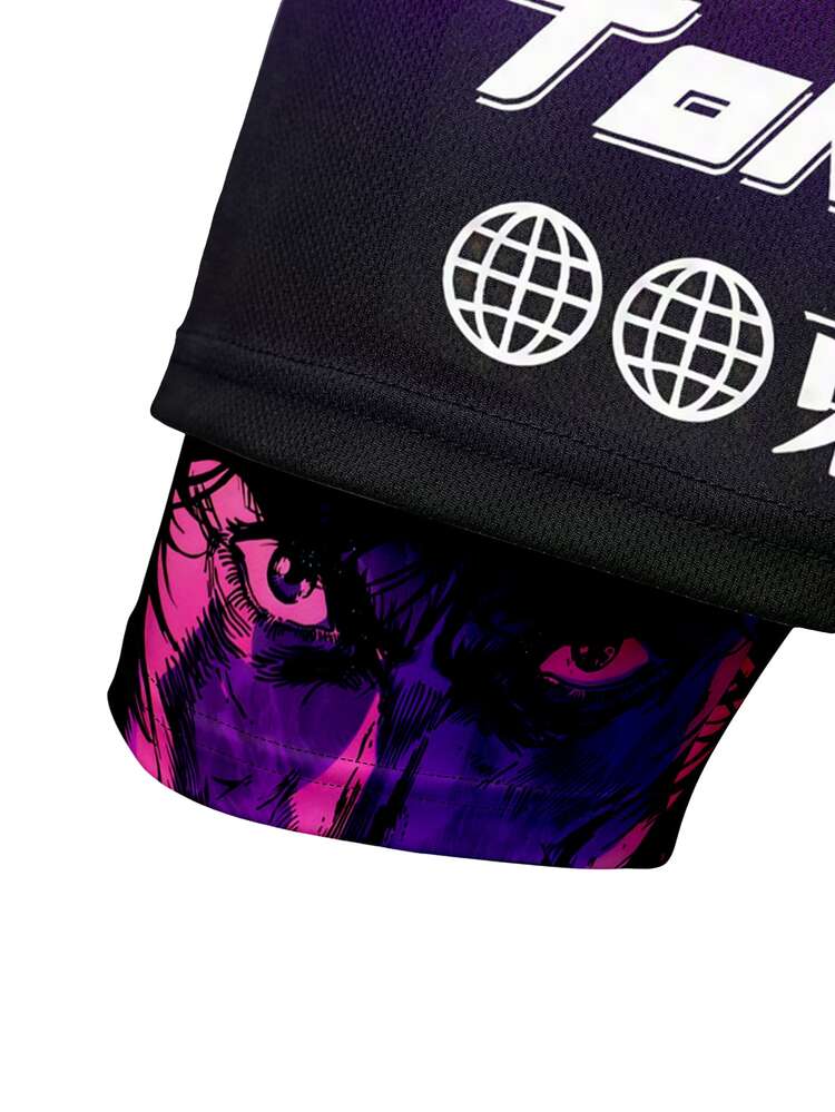 Gym Rark Men's Letter & Anime Character Print Drawstring Waist Double Layer Sports Shorts - Multicolor - View 3