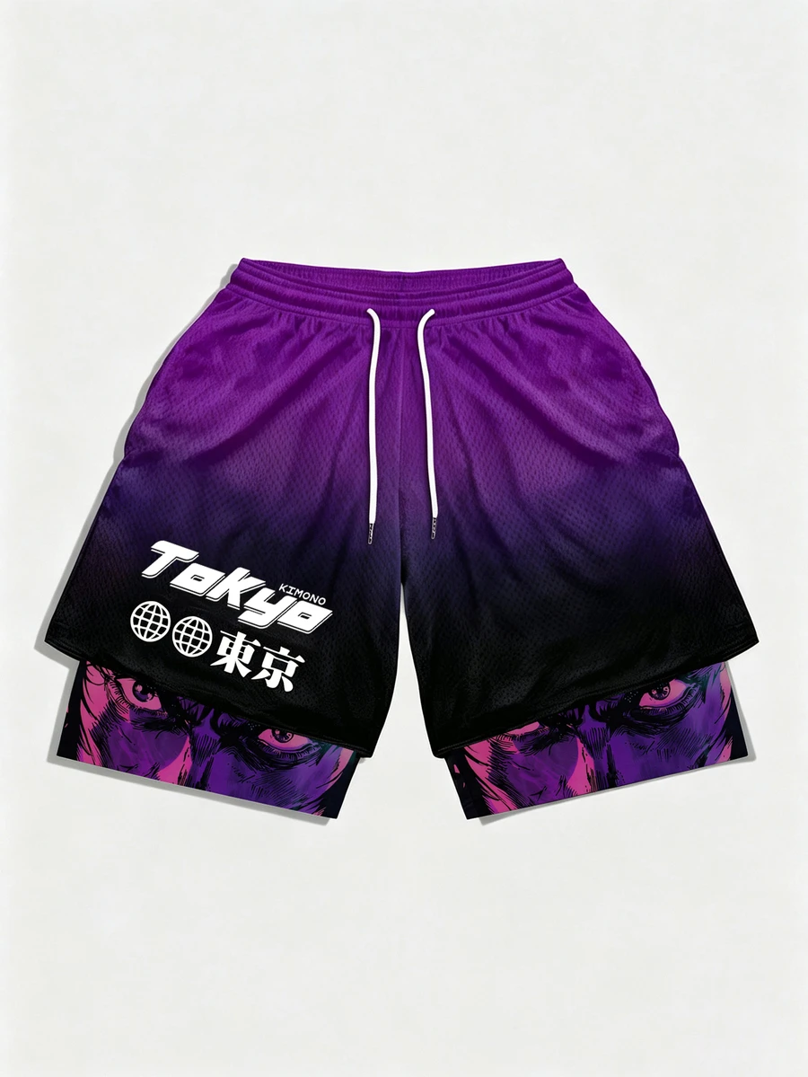 Gym Rark Men's Letter & Anime Character Print Drawstring Waist Double Layer Sports Shorts - Multicolor - View 1