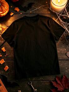 IslaSuriya 趣味萬聖節 T-shirt 南瓜追逐幽靈設計，適合萬聖節派對與節日，黑色與橘色夏季街頭風 - 黑色 - 查看 2