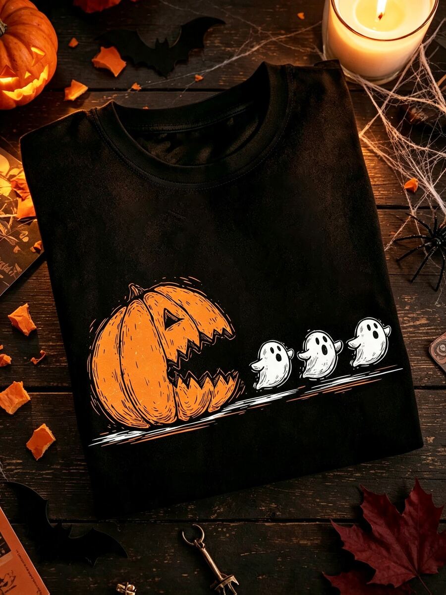 IslaSuriya 趣味萬聖節 T-shirt 南瓜追逐幽靈設計,適合萬聖節派對與節日,黑色與橘色夏季街頭風 - 黑色 - 查看 1