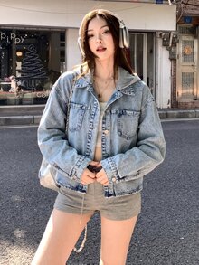 青少年女孩 Y2K 藍色丹寧拼接灰色針織連帽寬鬆長袖夾克 - 藍色 - 查看 7